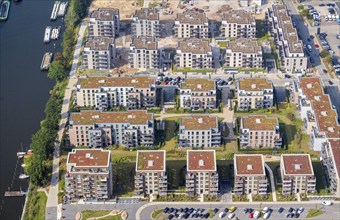 Aerial view, Hafencity Geesthacht, residential building, apartment block, multi-family house,