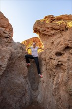 Erosion landscape of red and yellow sandstone, rock formations at sunrise, Skazka Canyon, fairytale