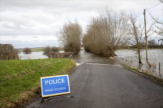 Flooding on the Somerset Levels, England in February 2014, road from Drayton to Muchelney