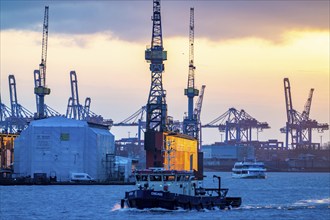 Port of Hamburg, view of the Blohm + Voss shipyard, Dock 11, evening, cranes of the container