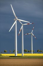 Wind turbines on a rape field, dark rain clouds, in the Rhenish lignite mining area, near