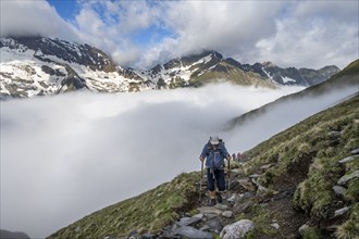 Mountaineers on a hiking trail, high fog in the valley, mountain peak above the clouds, summit