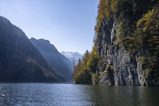 Rock face Echowand at Königssee, autumnal mountain landscape with lake, Berchtesgaden National