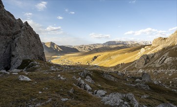 Mountain landscape with hills and yellow meadows in autumn, Kol Suu, Sary Beles Mountains, Naryn