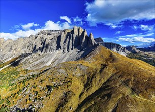 The peaks of the Puez Group, drone shot, Val Gardena, Dolomites, Autonomous Province of Bolzano,