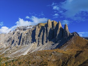 The peaks of the Puez Group, drone shot, Val Gardena, Dolomites, Autonomous Province of Bolzano,