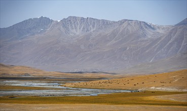 Burkhan mountain valley with river, barren dramatic mountain landscape, Terskey Ala-Too, Tien Shan,