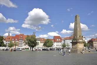 Cathedral square with Erthal obelisk built in 1777, monument with column, people, houses, cathedral