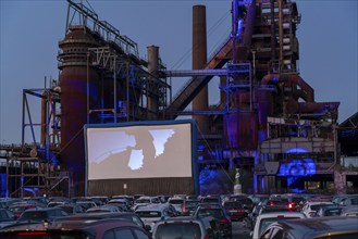 Drive-in cinema Dortmund, against the backdrop of the former blast furnace plant Phönix-West in