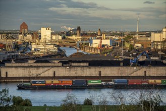 Duisburg harbours, Rheinkai Nord, outer harbour, behind the city centre with inner harbour, archive