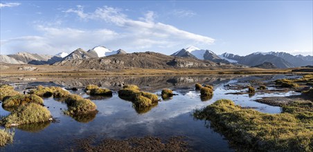 Glaciated mountain peaks reflected in a mountain lake at sunset, Arabel Lake at Arabel Pass, Issyk