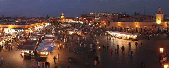 Restaurants in the evening on the Djemaa el Fna square in Marrakech, Morocco, Africa