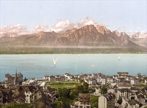 Montreux, Savoy Mountains, Geneva Lake, Switzerland, Historic, digitally restored reproduction from