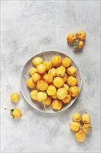 Yellow small apples, Chinese variety, on a gray plate, top view, no people