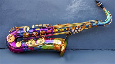 A colorful saxophone is displayed on a wall, AI generated