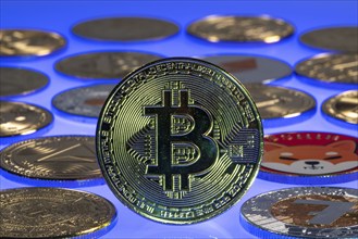 Bitcoin and various cryptocurrencies, symbol coins, optical placeholder for the digital currency,