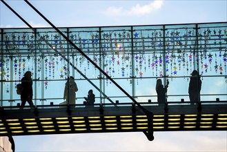 Christmas market in Dortmund, Hansaplatz, view from a pedestrian gallery between 2 department