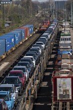 Duisburg-Rheinhausen freight station, at the Logport harbour area, goods trains loaded with new