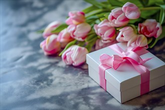 Gift Box with Pink Ribbon Beside bouquet of Fresh Tulips. Background for Valentine day, March 8,