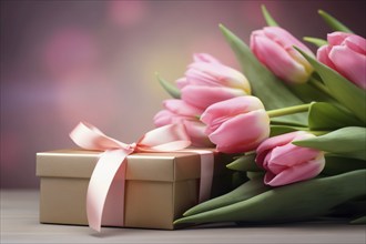 Gift Box with Pink Ribbon Beside bouquet of Fresh Tulips on Bokeh Background. Good for Valentine