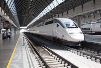 Trains at platform inside Santa Justa railway station Seville, Spain, Europe