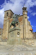 Iglesia de San Martin church and Pizarro statue in historic medieval town of Trujillo, Caceres