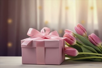 Gift Box with Pink Ribbon Beside bouquet of Fresh Tulips on Bokeh Background. Good for Valentine