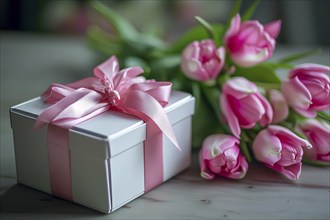 Gift Box with Pink Ribbon Beside bouquet of Fresh Tulips. Background for Valentine day, March 8,