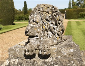 Stone lion sculpture terrace garden Bowood House and gardens, Calne, Wiltshire, England, UK