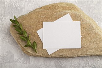 White paper business card, mockup with natural stone and boxwood branch on gray concrete background