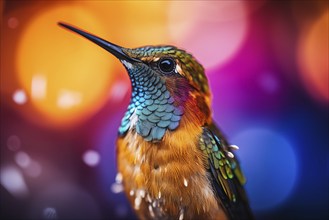 Stunning close-up captures the radiant colors and intricate details of a hummingbird, showcasing