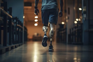 Amputee sportsman walking in corridor with bionic prosthetic legs prosthesis with robotic