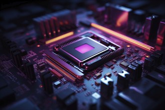 Close-up of a computer processor chip CPU on a motherboard with glowing neon lights. The chip is