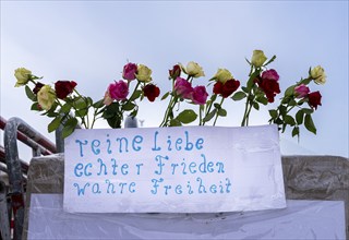 Demonstration, posters and barriers at the Brandenburg Gate, Berlin, Germany, Europe