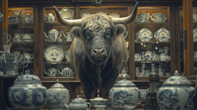 Very large bull with horns in a China shop filled with glassware. generative AI, AI generated