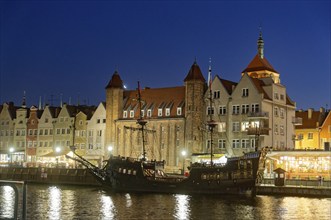 The harbour district on the Motlawa river, Motlawa, in the city centre of Gdansk with the pirate