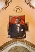 Flag with the portrait of Mustapha Kemal Ataturk in the Egyptian bazaar, Istanbul, Turkey, Asia