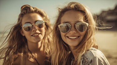 Two young girlfriends posing wearing sunglasses having fun on the beach, generatvie AI, AI