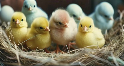 Several cute newborn chicks in nest, generative AI, AI generated