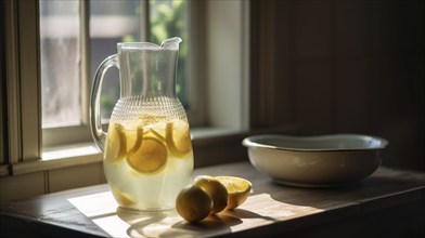 Tranquil country kitchen counter with a pitcher of fresh lemonade, generative AI, AI generated