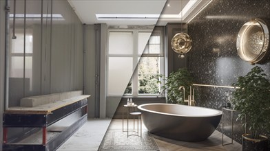 Luxurious custom bathroom upgrade interior before and after construction, generative AI, AI