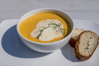 Bowl of crab soup and baguette, Lower Saxony, Germany, Europe