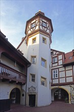 Inner courtyard with tower of the parish centre of St. Gumbertus Church, Ansbach, Middle Franconia,