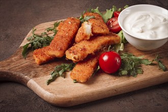 Fried fish nuggets, with white sauce, arugula and cherry, no people