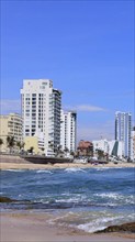 Panoramic view of Mazatlan sea promenade and waterfront El Malecon with ocean lookouts and beaches