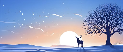 Abstract minimalist winter scene with a single, sharp silhouette of a deer and of a snow-covered