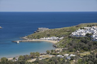 View of Pallas Beach, Lindos, Rhodes, Greek island, Greece, Europe