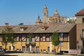 City view with traditional houses and impressive cathedral in the background, Segovia, Castilla y