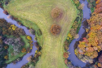 Aerial view of the Hunte in autumn, Meander, Hunte loop, Hunte, river, tree, forest, autumn