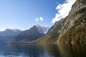 Königssee with Watzmann massif, autumnal mountain landscape, Berchtesgaden National Park,